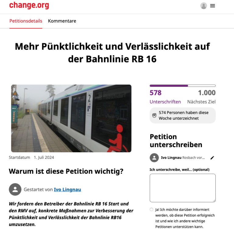 Petition für Verbesserungen auf der Bahnlinie RB 16 sammelt mehr als 500 Unterschriften